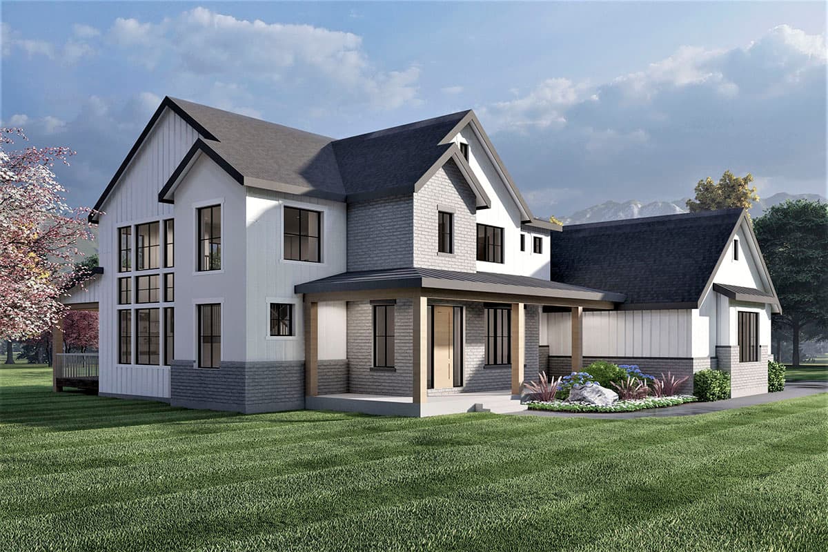 Modern Farmhouse house plan exterior, two stories, with a covered porch, gables, and varied siding.