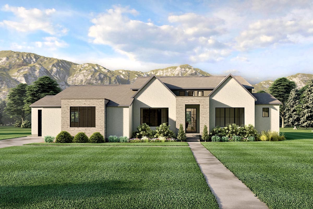 House plan exterior with modern farmhouse style. Features include gabled roof, stone accents, and large windows. Single story home.