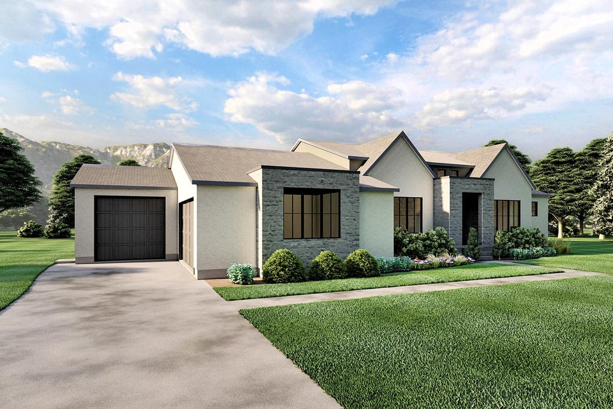 House plan exterior: single-story contemporary home with attached garage, stone accents, and gabled rooflines.