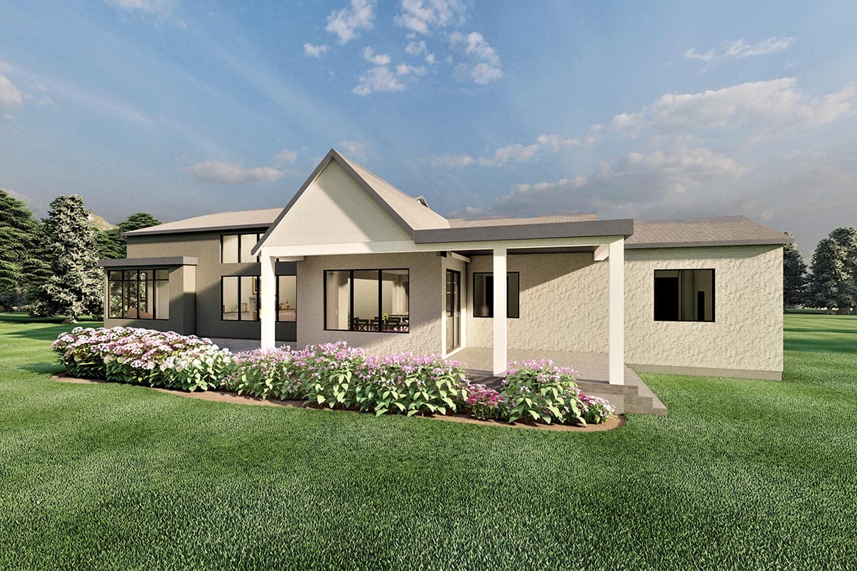 House plan exterior with Modern Farmhouse style, covered porch, large windows, and dual-tone stucco finish.