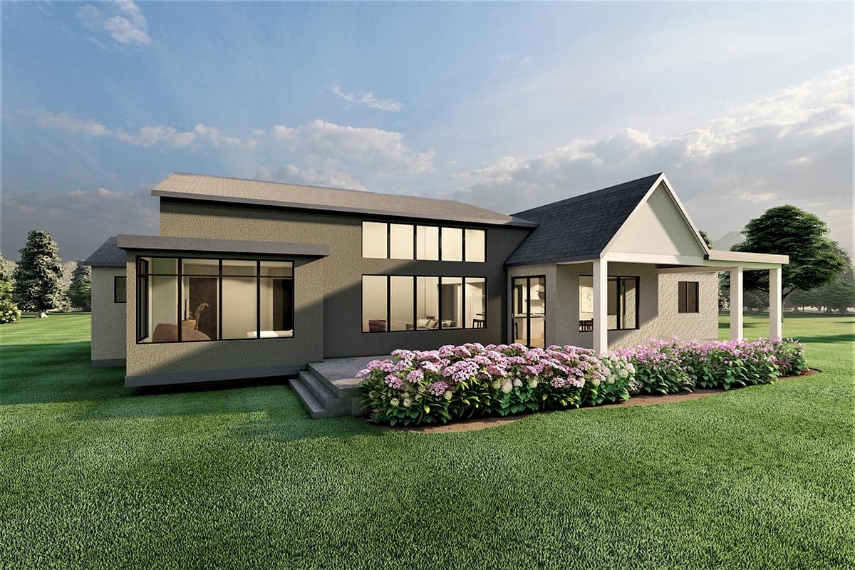 House plan exterior featuring a covered porch, numerous large windows, and gabled rooflines.