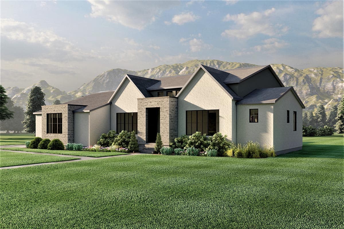 House plan exterior: Modern style, stucco and stone facade, multiple gables, dark framed windows, and prominent entry.