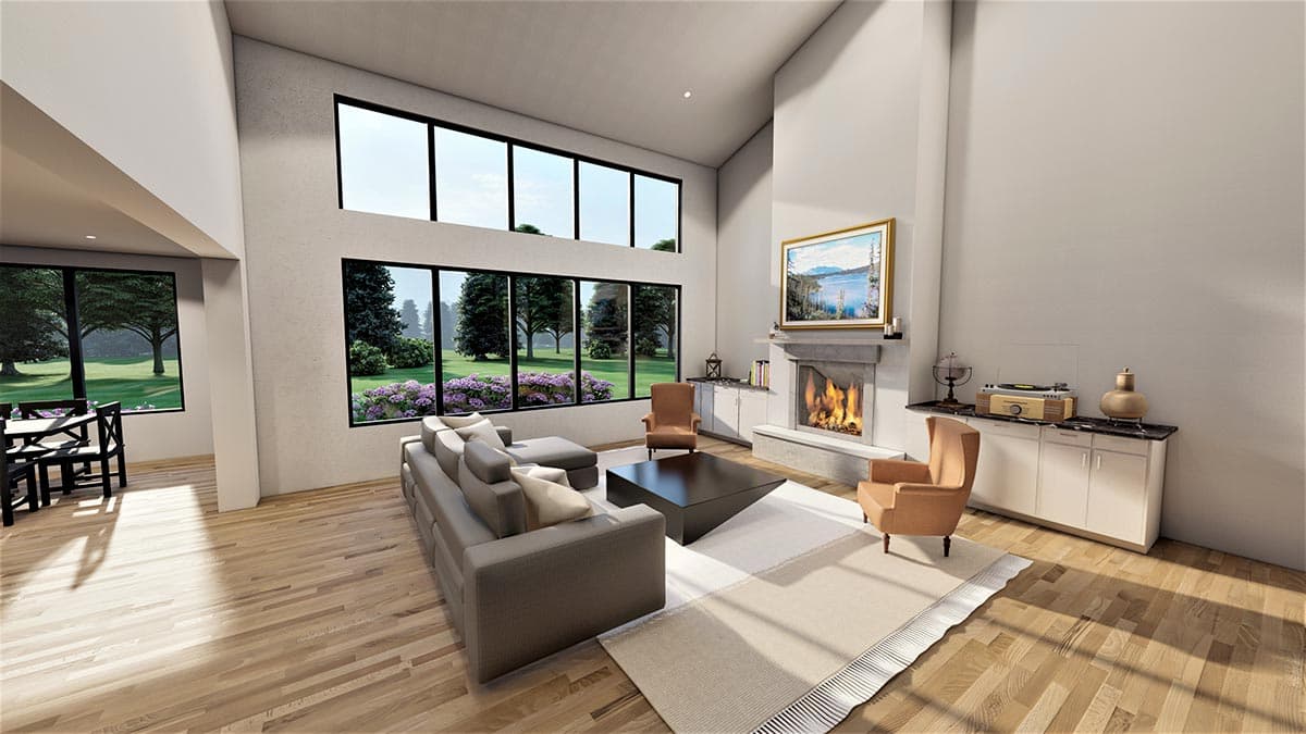 Modern living room with vaulted ceiling, fireplace, large windows, and dining area.