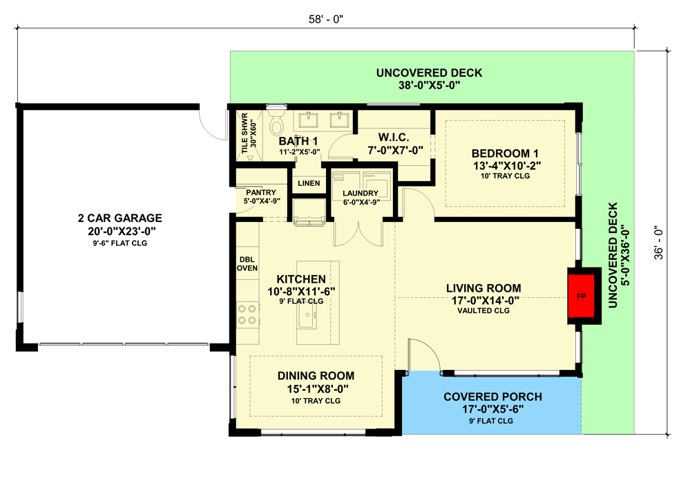 Plan 420063WNT: Contemporary 1-Story Home Plan Under 950 Square Feet with 2-Car Garage - Floor Plan - Main Level - Contemporary, Cottage, Country, Craftsman, New American, Ranch, Rustic, Vacation