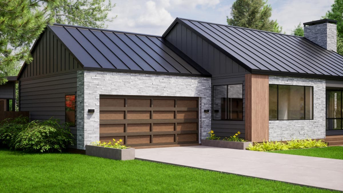 House plan exterior: Modern style, single story, metal roof, stone and wood siding, garage, large windows.
