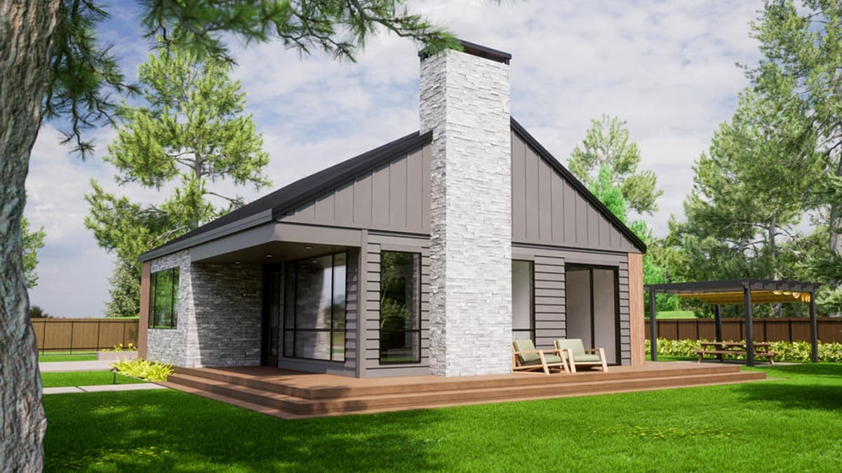 Modern house plan exterior featuring a gabled roof, stone chimney, large windows, and a wooden deck.