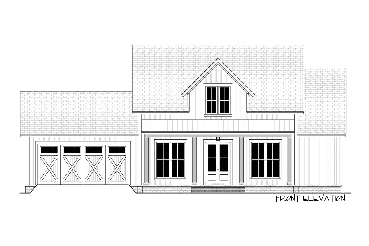 Line drawing of a house front elevation. Features include a symmetrical design, gabled roof, garage, and front porch with pillars and double doors.