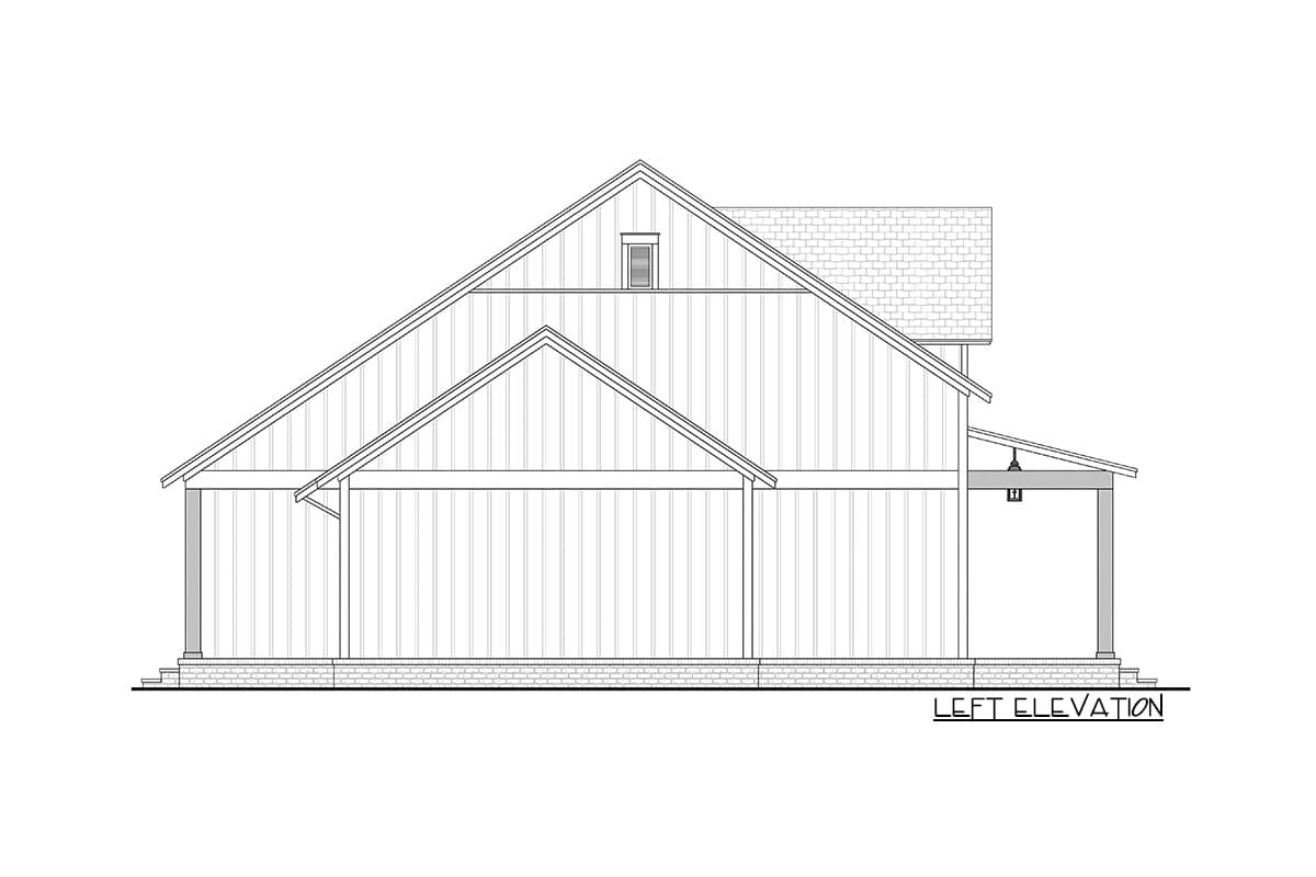 Architectural drawing showing the left elevation of a house with a gabled roof, porch, and a dormer. The design is in black and white.