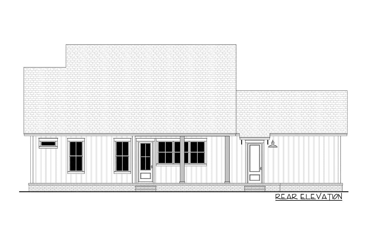 Rear elevation architectural drawing of a house, showcasing a gabled roof, vertical siding, windows, and a porch supported by columns.