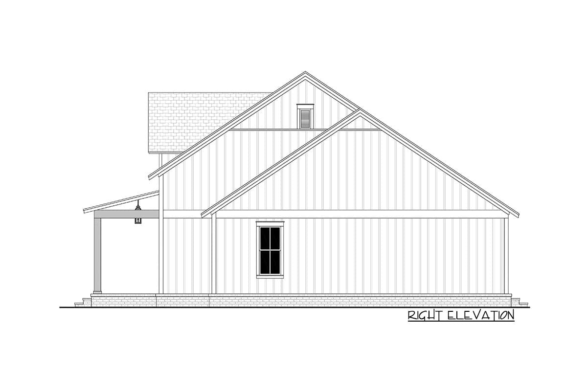 Line drawing of a house's right elevation, featuring a gabled roof, a small window, and a porch. The view is a side profile with a brick foundation.
