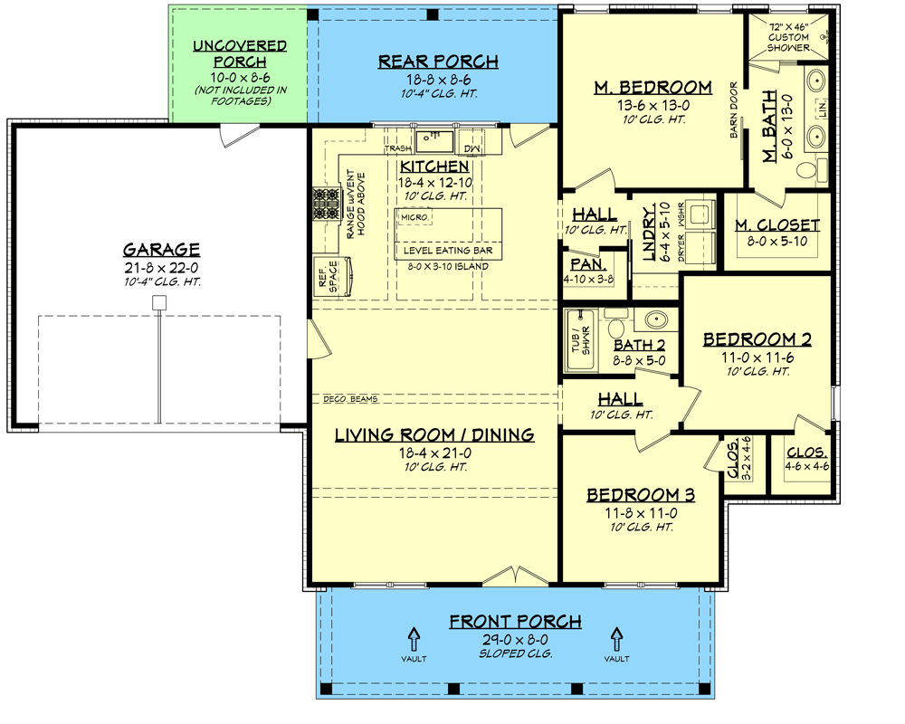 Plan 51927HZ: 3-Bed Farmhouse-Style Cottage with 2-Car Garage - 1479 Sq Ft - Floor Plan - Main Level - Cottage, Country, Farmhouse, Modern Farmhouse