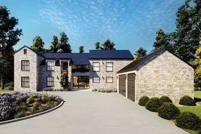 Two Story Transitional Home Plan with Pool House and Upstairs Home Theater