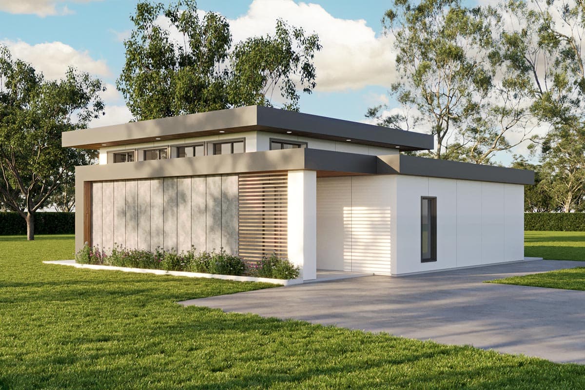 House plan exterior with modern style, one story, and a flat roof. Features include a concrete facade, wood slat screen, and a covered entry.
