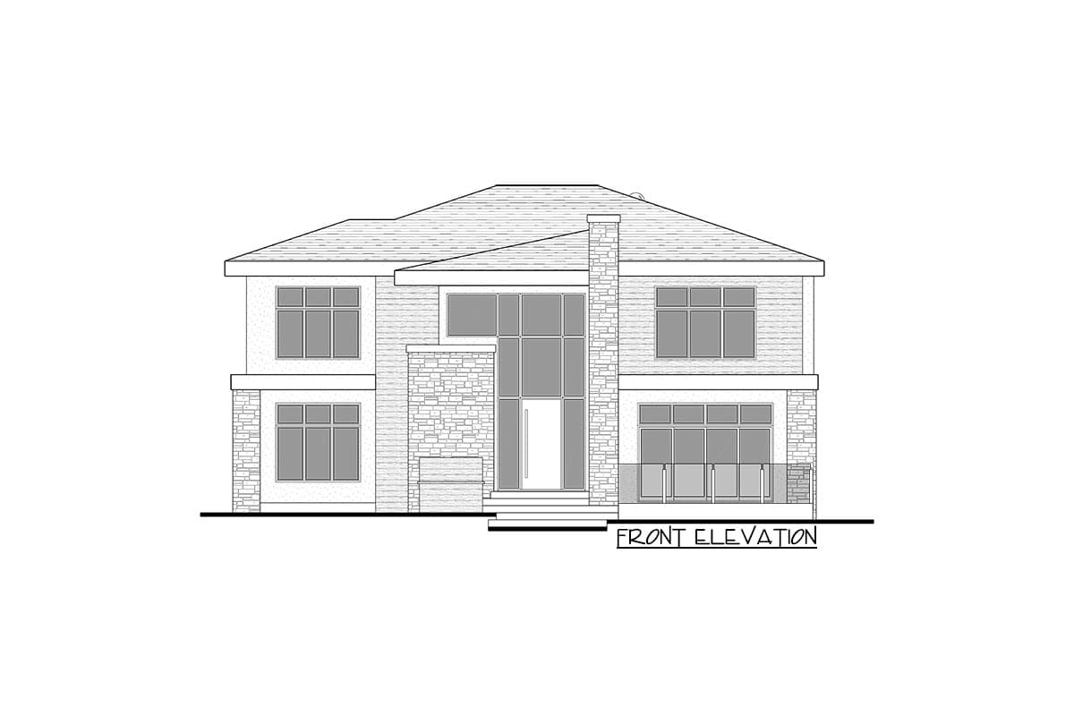 Front elevation drawing of a two-story house with a stone-clad chimney, large windows, and horizontal siding.