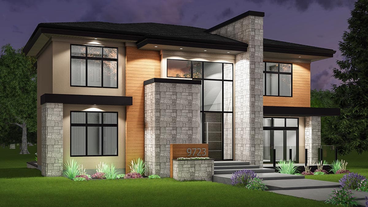 Modern house plan exterior with two stories, stone and wood facade, large windows, and cantilevered overhangs.