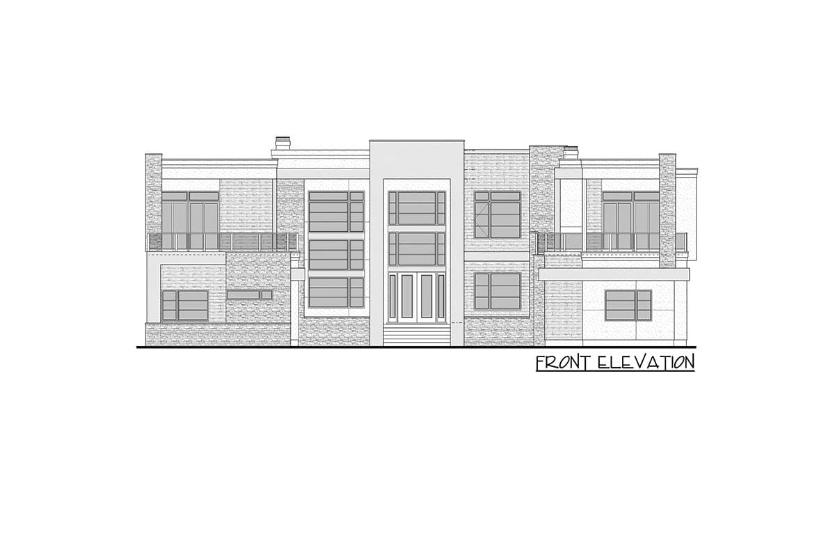 Front elevation drawing of a two-story modern house plan with a central entrance, multiple windows, and stone accents.