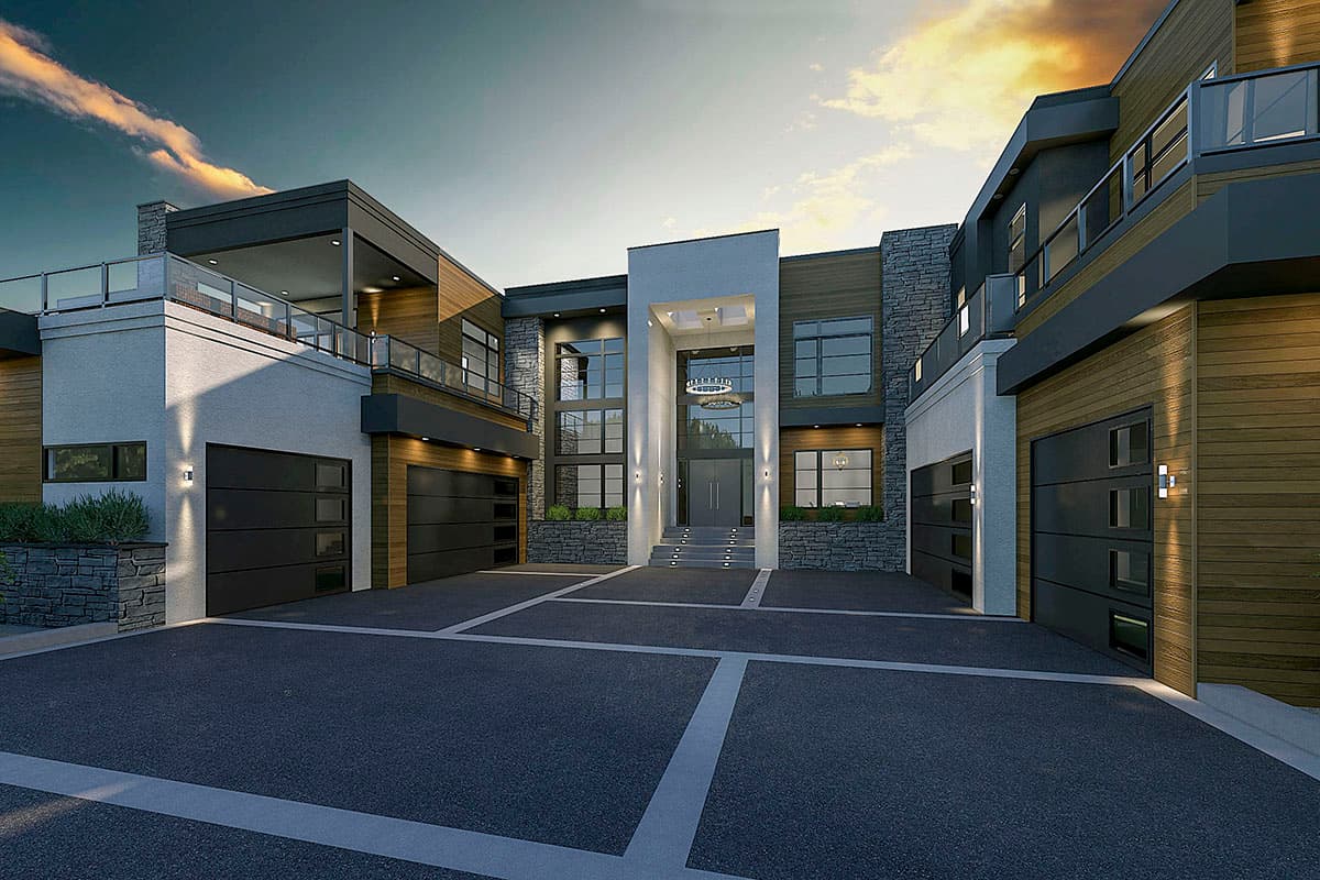 Modern house plan exterior with multiple garages, wood siding, stone accents, and balconies.