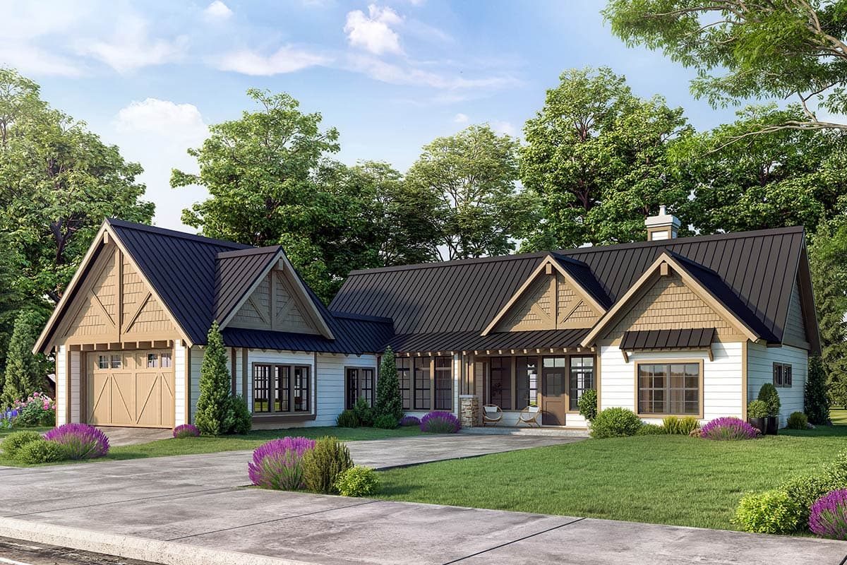 House plan exterior with Craftsman style. Features include a front porch, multiple gables, and a metal roof. One-story structure with attached garage.