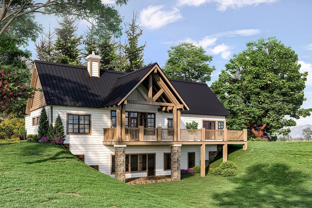 House plan exterior: A two-story Modern Farmhouse with a black metal roof, exposed timber framing, and a wraparound deck.