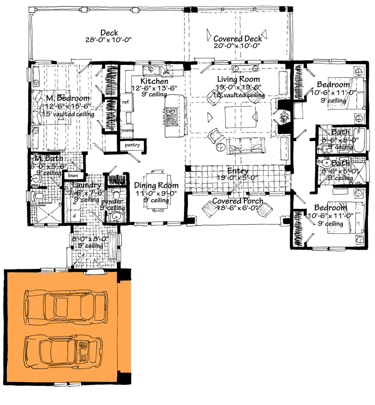Plan 12972KN: Flexible Mountain Ranch Under 1900 Square Feet with 3 Beds and a Vaulted Living Room - Floor Plan - Courtyard Garage Option (+$295) - Country, Craftsman, Mountain, New American, Ranch, Rustic, Traditional
