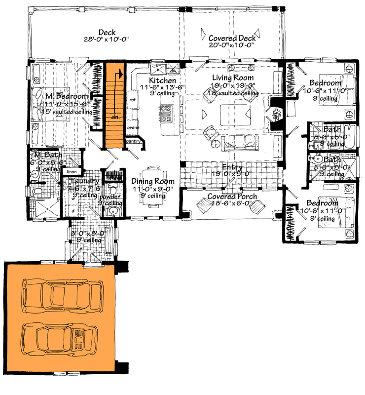 Plan 12972KN: Flexible Mountain Ranch Under 1900 Square Feet with 3 Beds and a Vaulted Living Room - Floor Plan - Main Level w/ Courtyard Garage and Basement Stairs - Country, Craftsman, Mountain, New American, Ranch, Rustic, Traditional