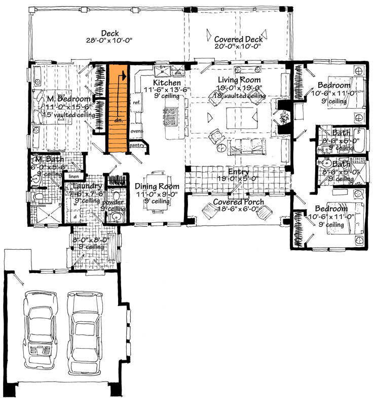 Plan 12972KN: Flexible Mountain Ranch Under 1900 Square Feet with 3 Beds and a Vaulted Living Room - Floor Plan - Main Level - Basement Stair Location - Country, Craftsman, Mountain, New American, Ranch, Rustic, Traditional