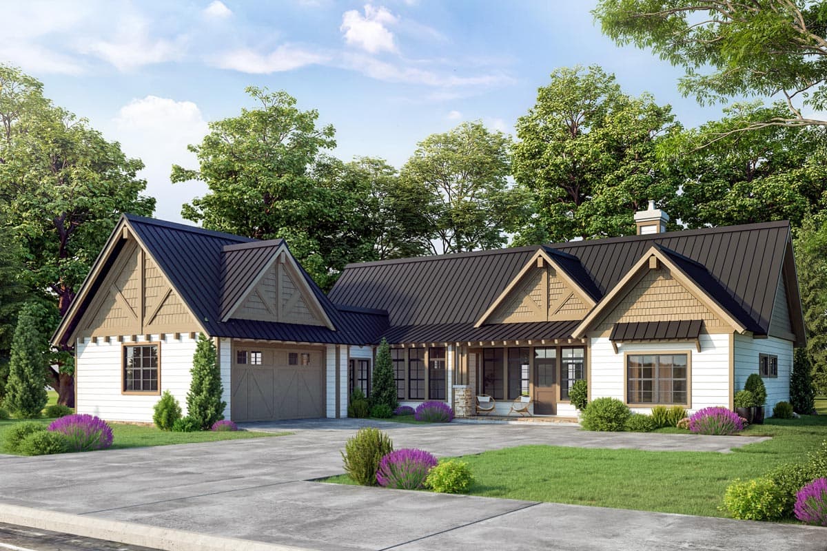 Modern Farmhouse house plan exterior with a metal gable roof, white siding, and a side-entry garage.