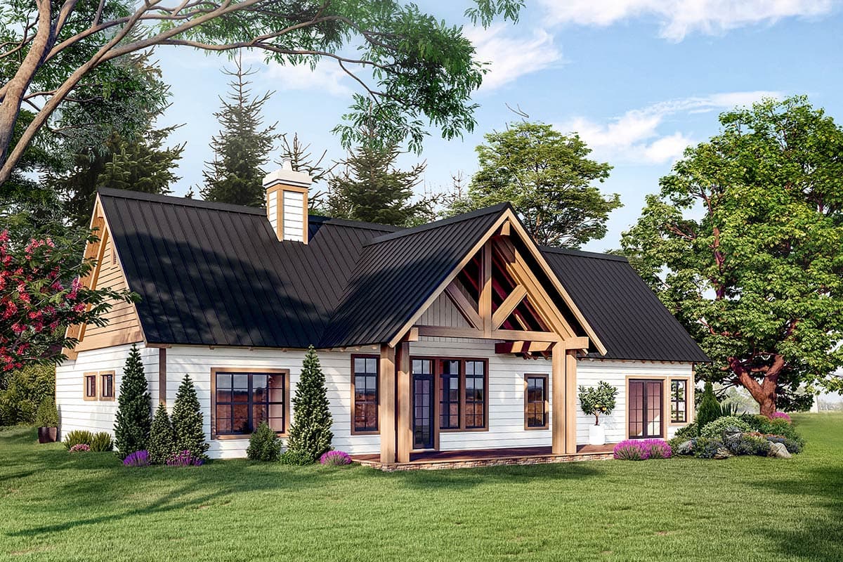 House plan exterior: Modern Farmhouse style, one story, with a covered porch, gabled roof, dormers, and exposed timber framing.