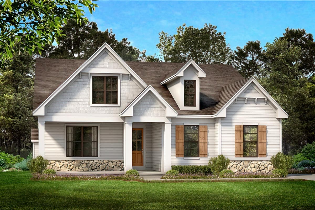House plan exterior. Craftsman style with gabled roof, dormer, and porch. Features stone facade on the lower level and wood shutters.