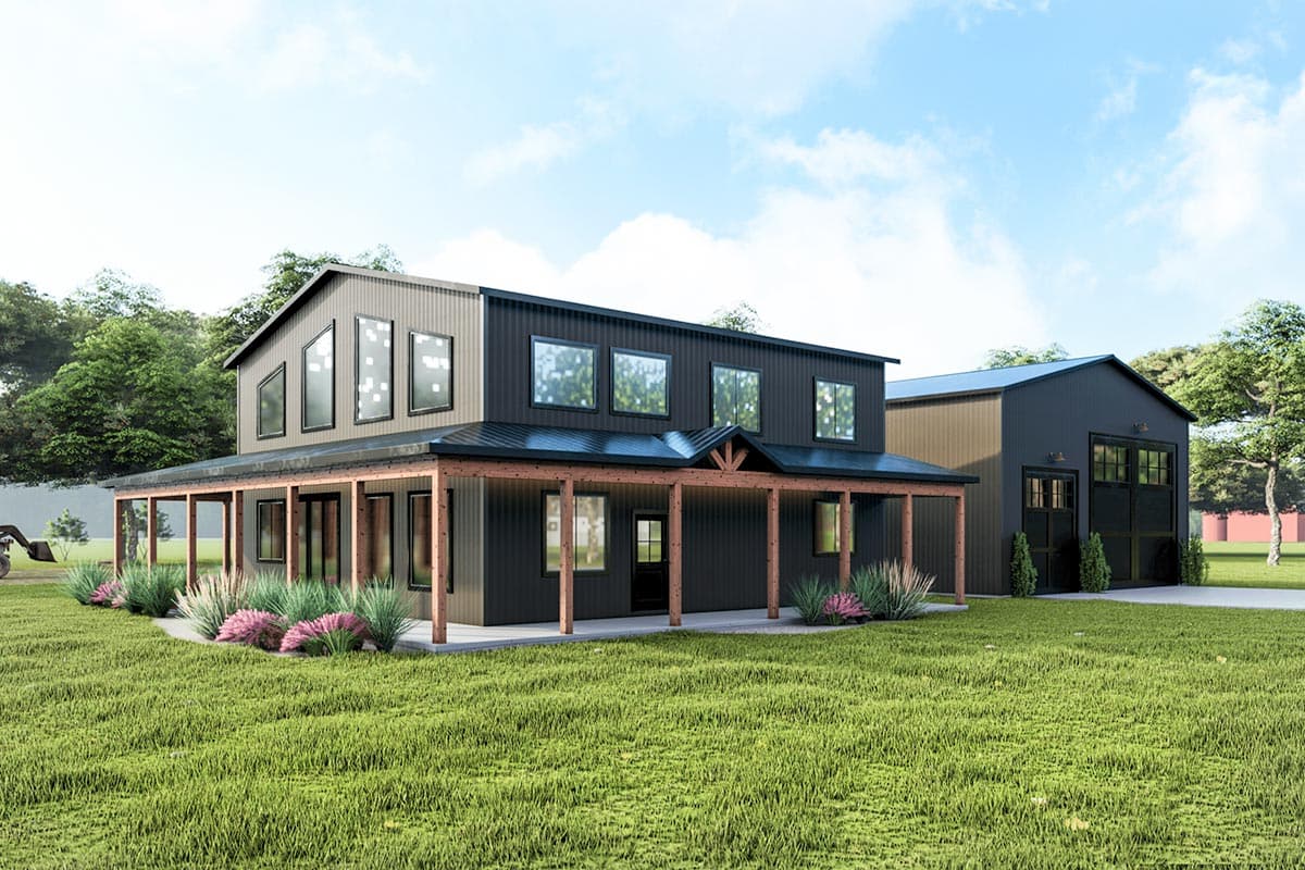 House plan exterior with two stories and a covered porch. Features include gabled rooflines, large windows, and an attached garage.