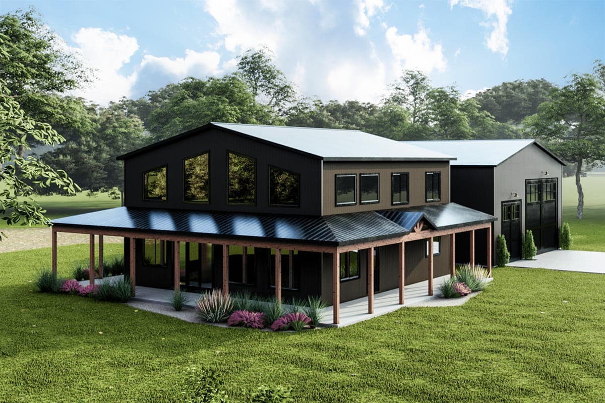 House plan exterior: Two-story modern home with wrap-around porch, metal roof, and large angled upper windows.