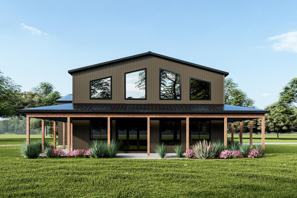 House plan exterior: Modern two-story design with a wrap-around porch, metal roof, and angled upper-level windows.