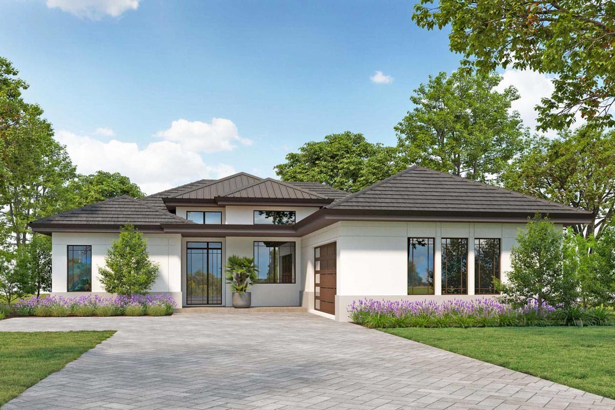 House plan exterior. Modern style, single-story home with a low-pitched roof, horizontal windows, and attached garage.