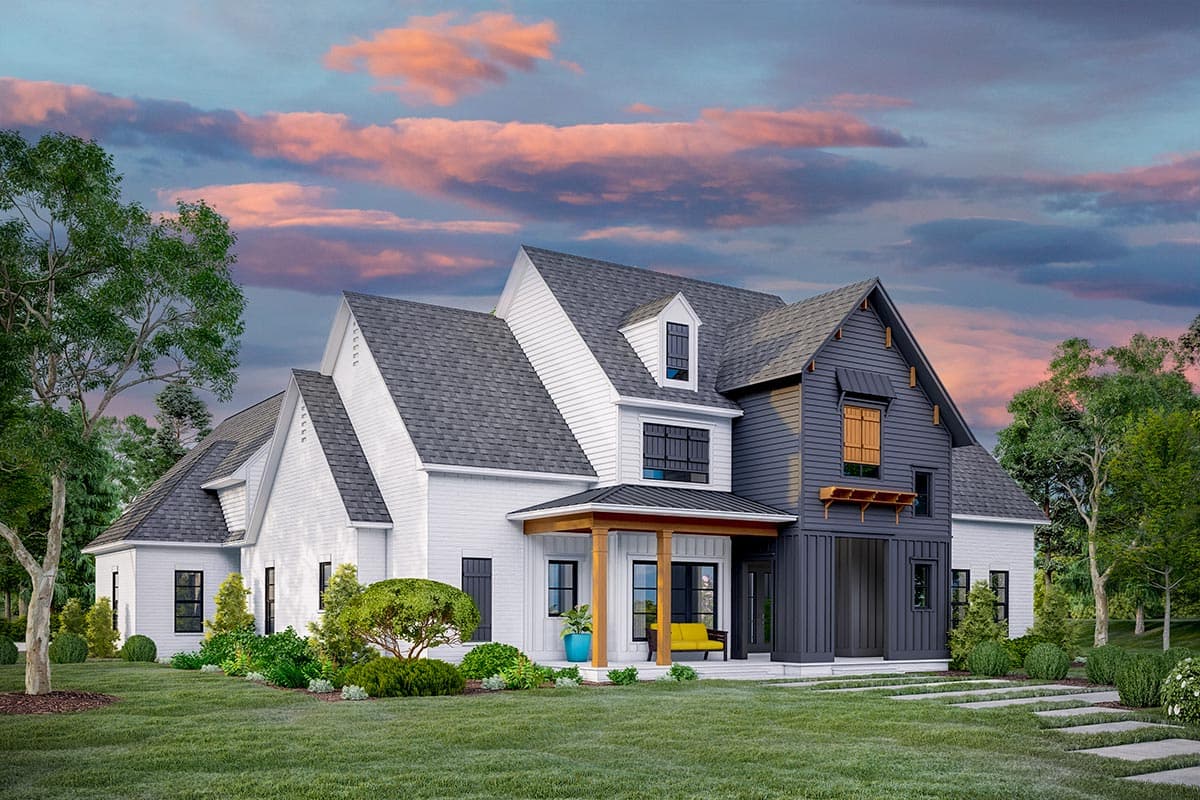 House plan exterior. Two-story Modern Farmhouse with gables, dormers, and a covered porch. Features contrasting siding colors and a dark roof.