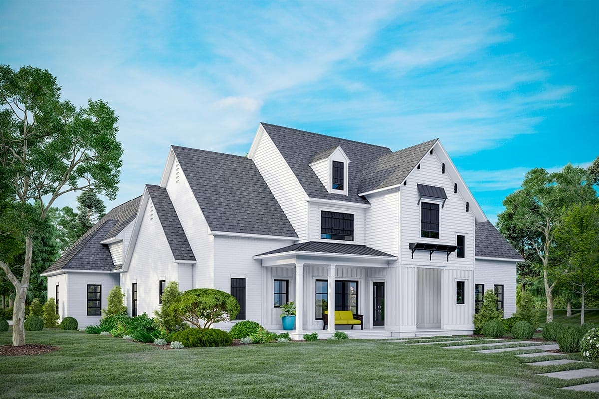 House plan exterior: Modern Farmhouse style, two stories, prominent gables, dormer windows, covered front porch with columns, board and batten siding.