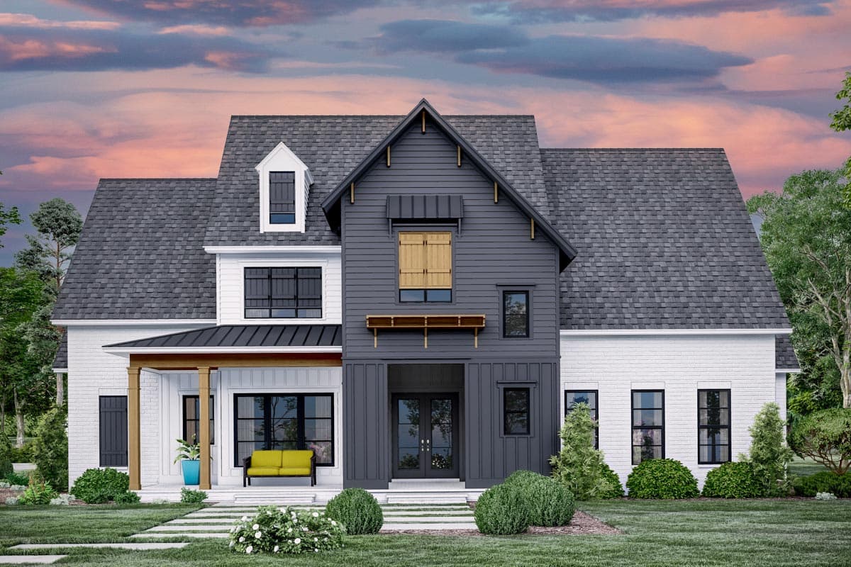 House plan exterior: Modern Farmhouse style, two stories, white brick, dark gray siding, prominent gables, dormer, covered porch.