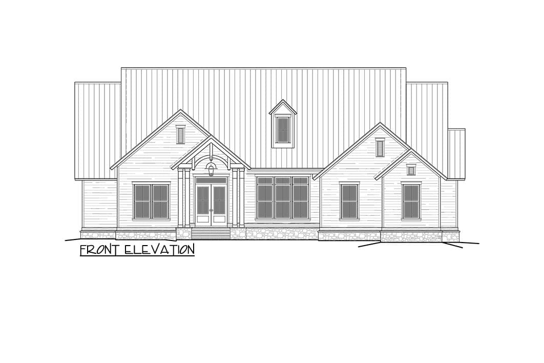 Front elevation drawing of a house plan with gabled rooflines, dormer, covered entry porch with columns, and stone foundation.