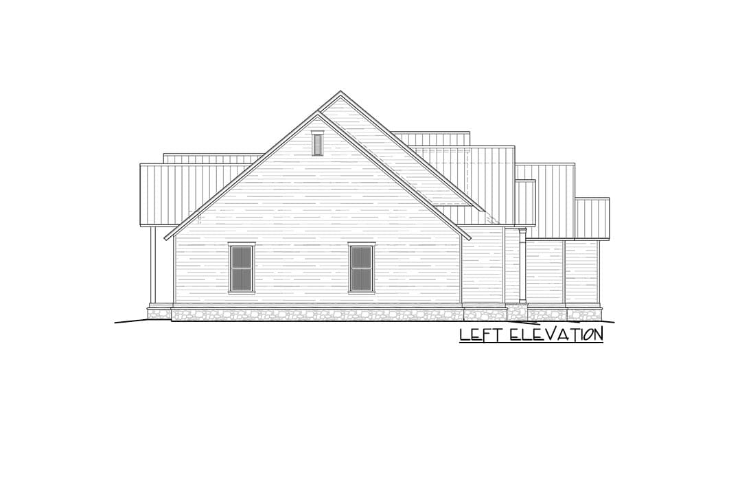 Left elevation drawing of a house plan with a prominent gable roof, two windows, and stone foundation.