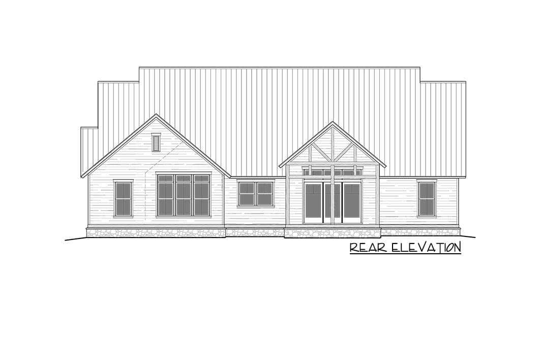 Rear elevation of a house plan featuring multiple gables, large windows, and double doors.