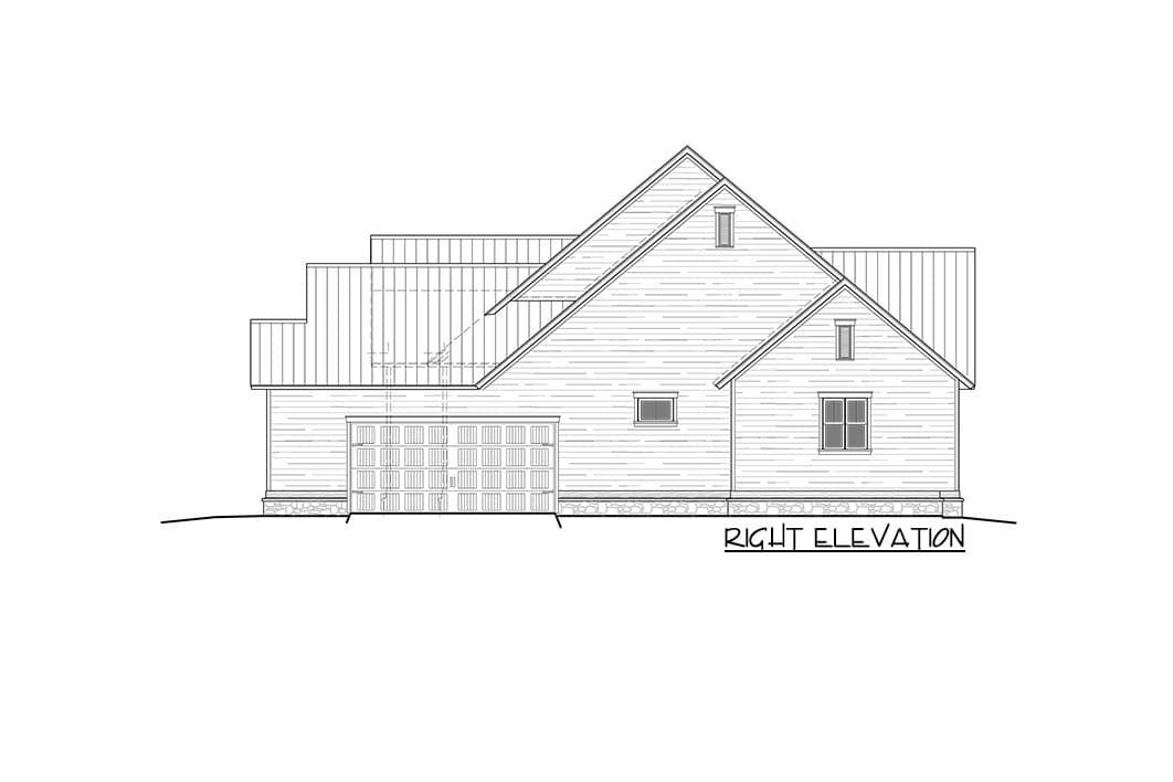 House plan right elevation showing a garage, multiple rooflines, and gabled dormers.