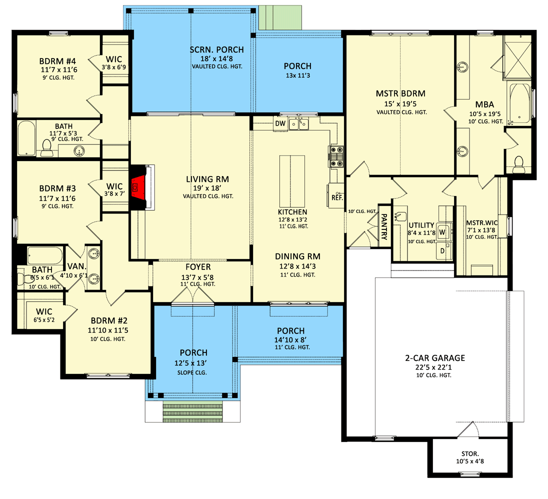 Plan 510230WDY: 2400 Square Foot 4 Bed Modern Craftsman House Plan - Floor Plan - Main Level - Country, Craftsman, Ranch, Rustic, Traditional