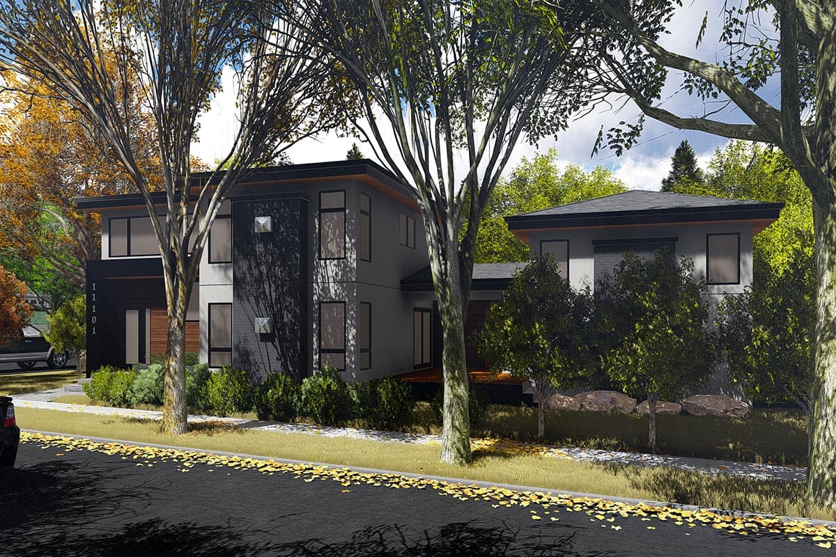 Modern two-story house plan with dark siding, wood accents, and large windows.