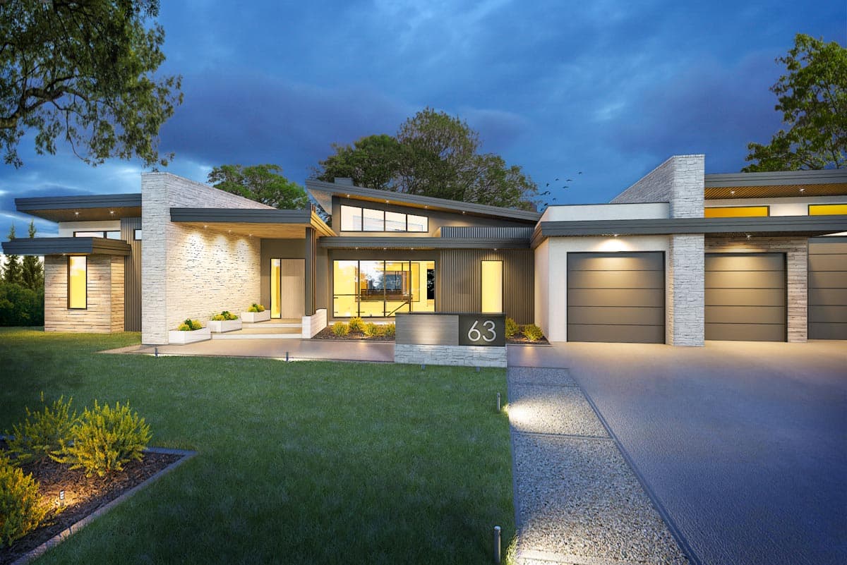 House plan exterior. Modern style, single story. Features include flat and angled rooflines, recessed entry, and attached two-car garage.