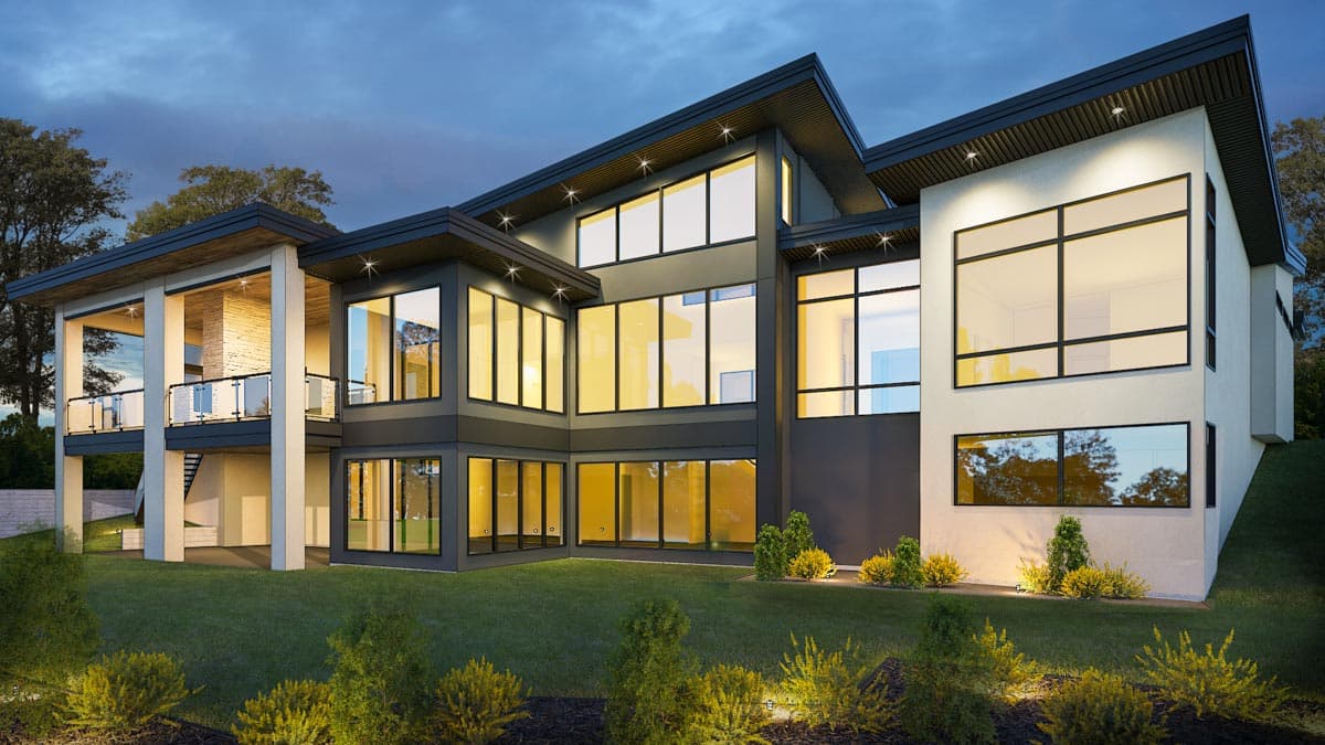 Modern house plan exterior with multiple stories, expansive glass windows, cantilevered sections, and covered outdoor living spaces.