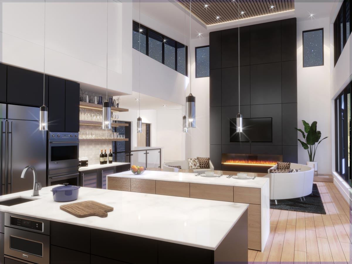 Modern open-concept living area with a large fireplace, integrated media center, and a kitchen island with seating. High ceilings with wood accents.