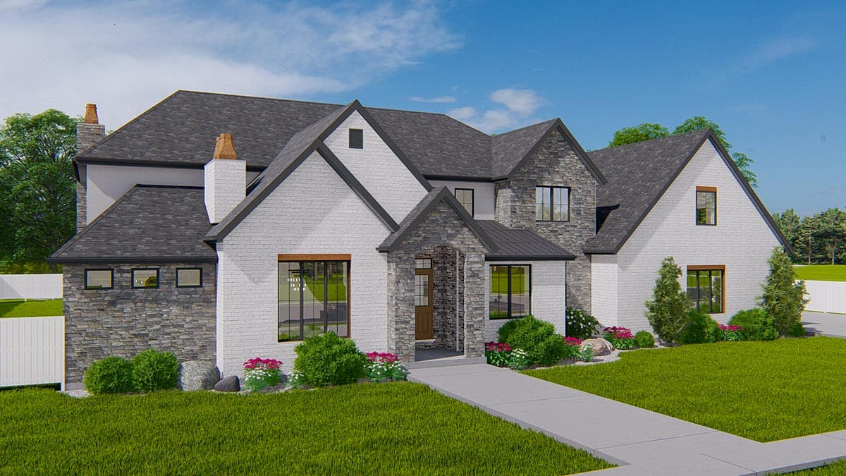 House plan exterior: Modern Farmhouse style with white brick, stone accents, prominent gables, and multiple chimneys.