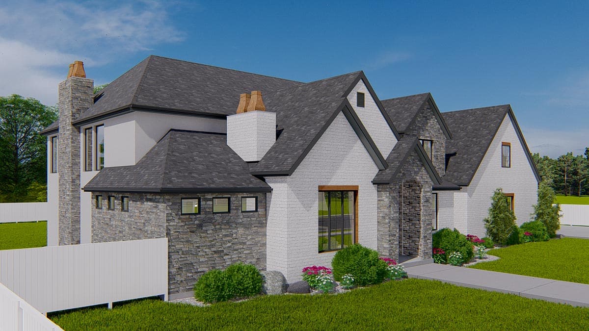 Modern house plan exterior with stone and white brick facade, multiple gables, and prominent chimneys.