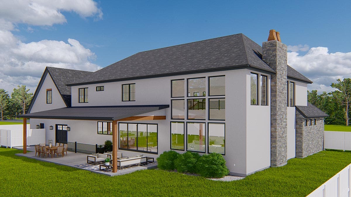 House plan exterior: modern style, two stories, large windows, covered patio, and stone chimney.
