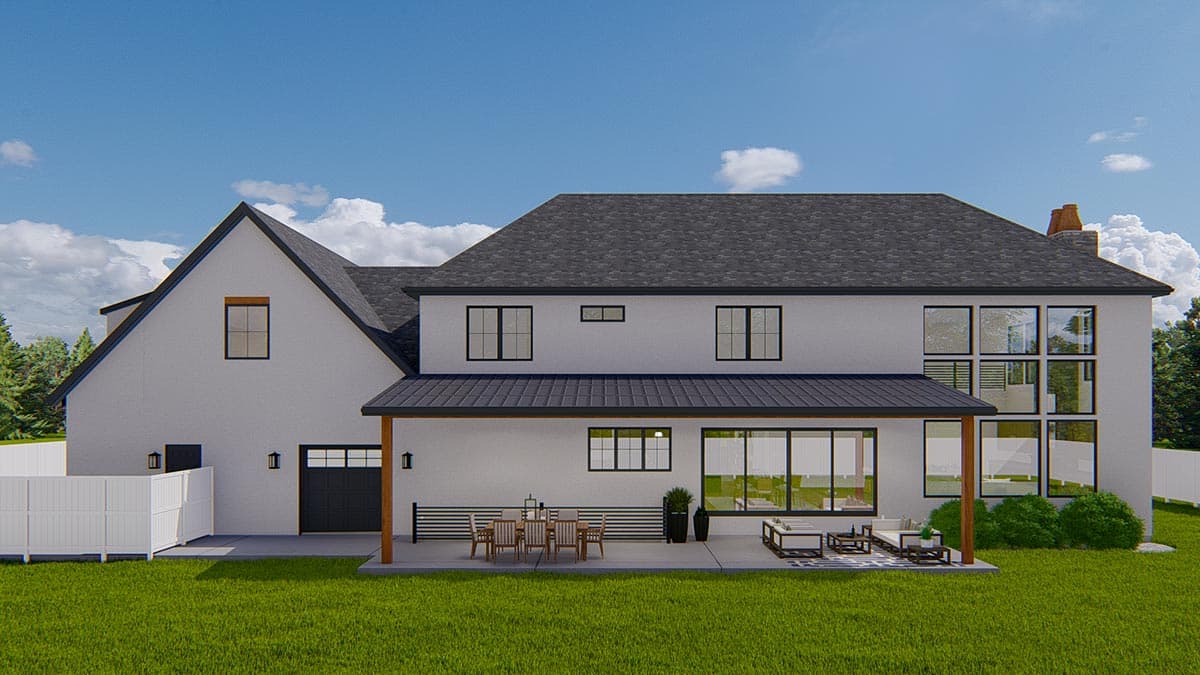 House plan exterior: Two-story modern home with gabled roof, attached garage, covered patio, and large glass windows.