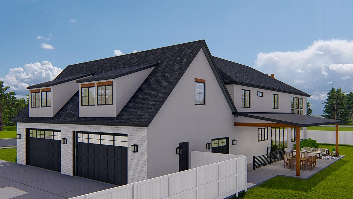 Modern Farmhouse house plan exterior with three-car garage, dormers, and covered patio.